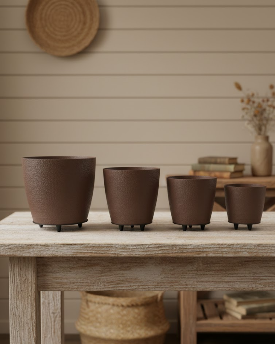 4’lü 3D Şık Kahverengi Vazo Seti Modern Ayaklı Saksı