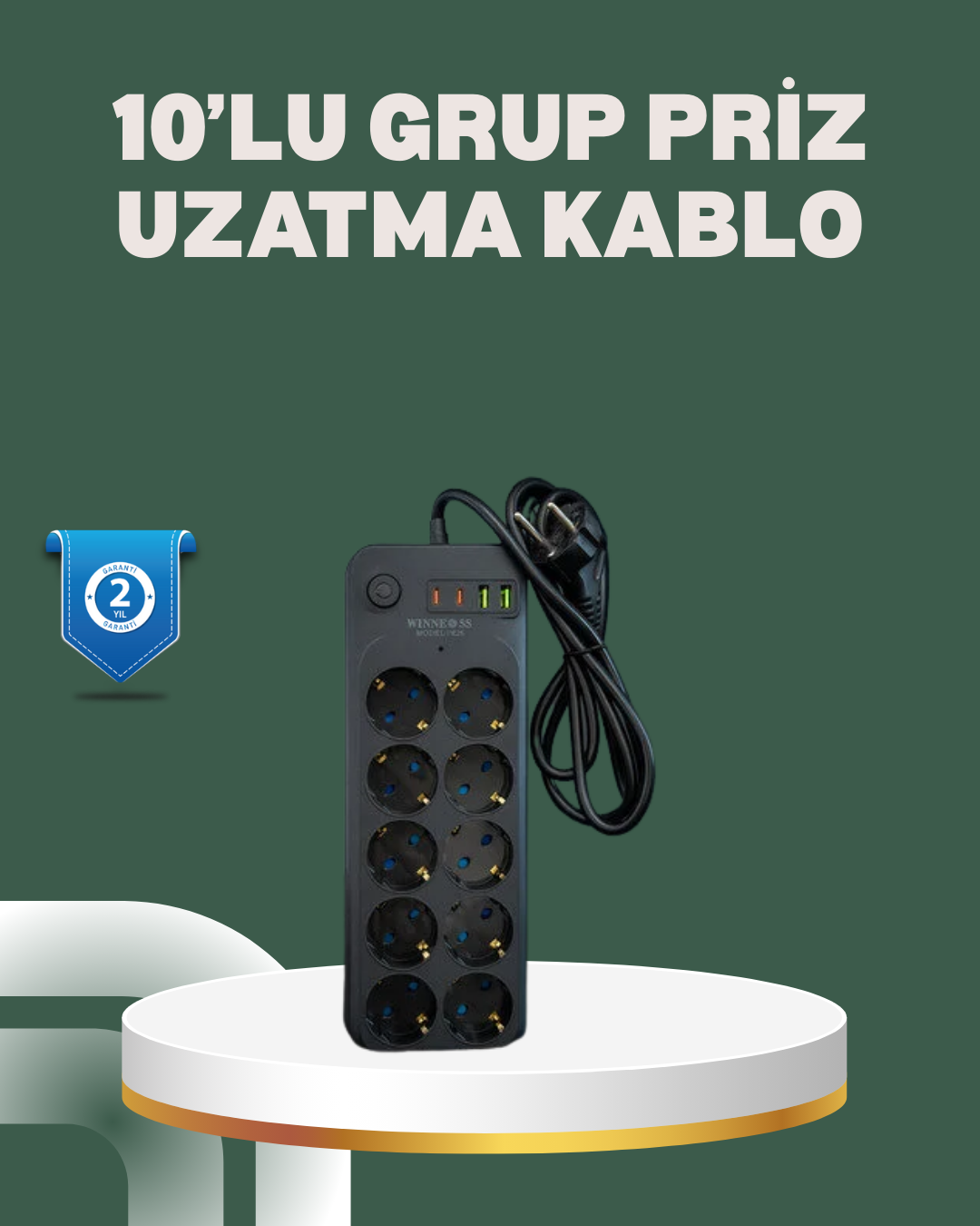 Termal Koruma Sistemli USB Type-C 10’lu Grup Priz 2m 2500W Güç Kapasiteli