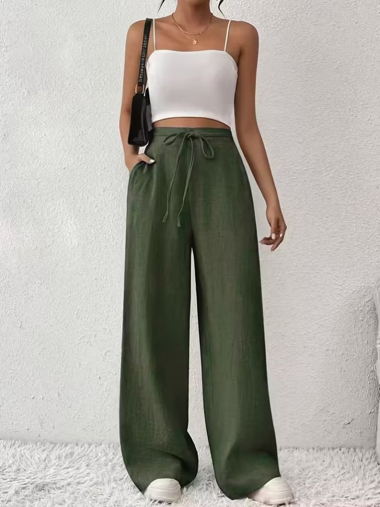 Kadın Yüksek Bel önden Bağlamalı Geniş Kesim Keten Pantolon