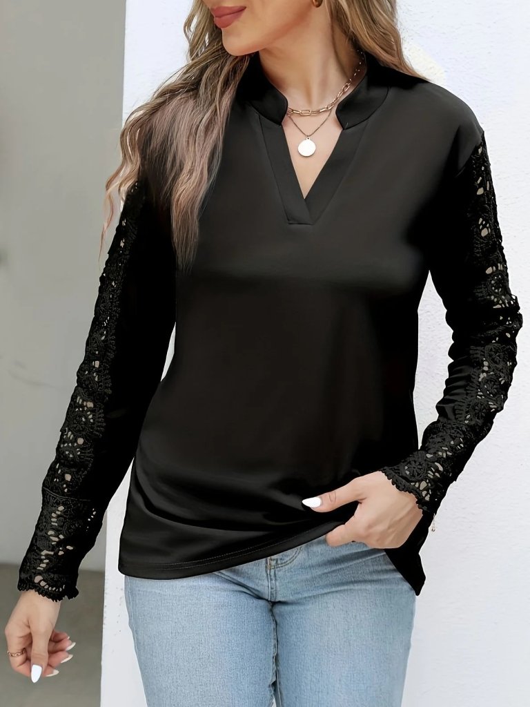 Kadın Uzun Kollu Hakim Yaka Kolları Dantel Detaylı Ithal Krep Bluz
